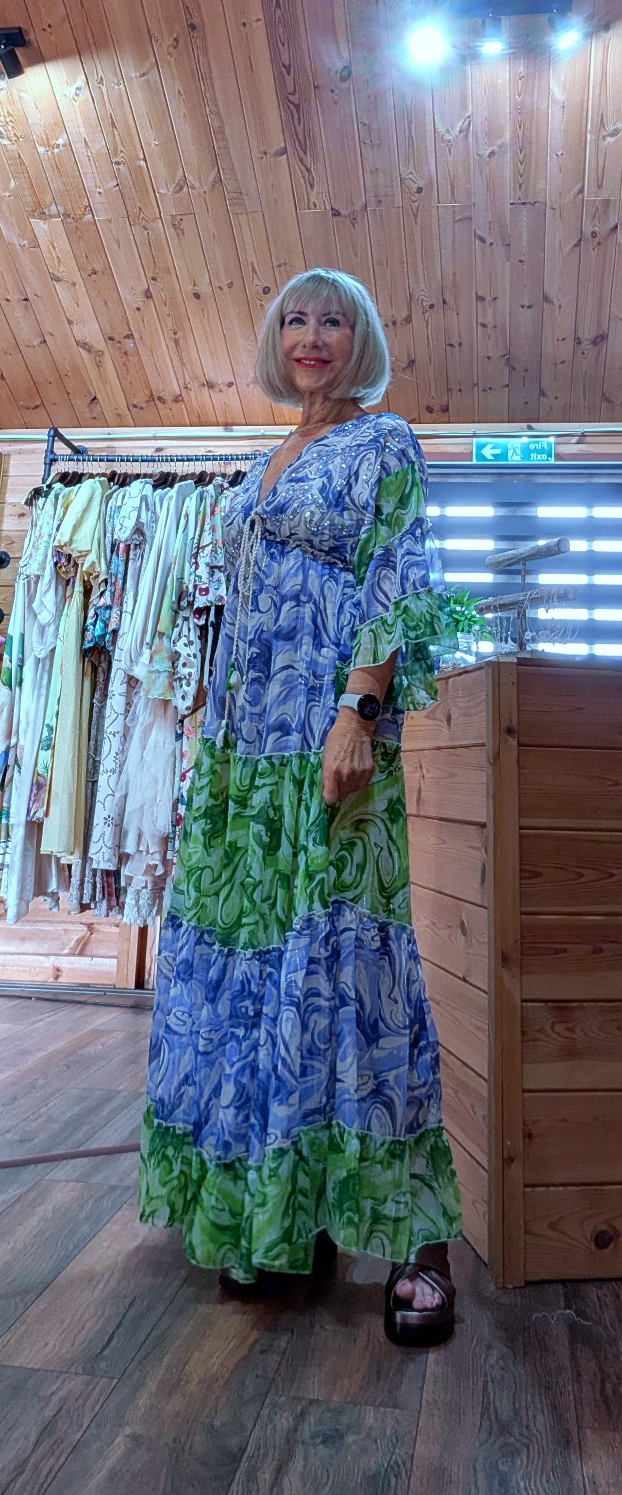 Blue and green maxi bohemian dress with sequins