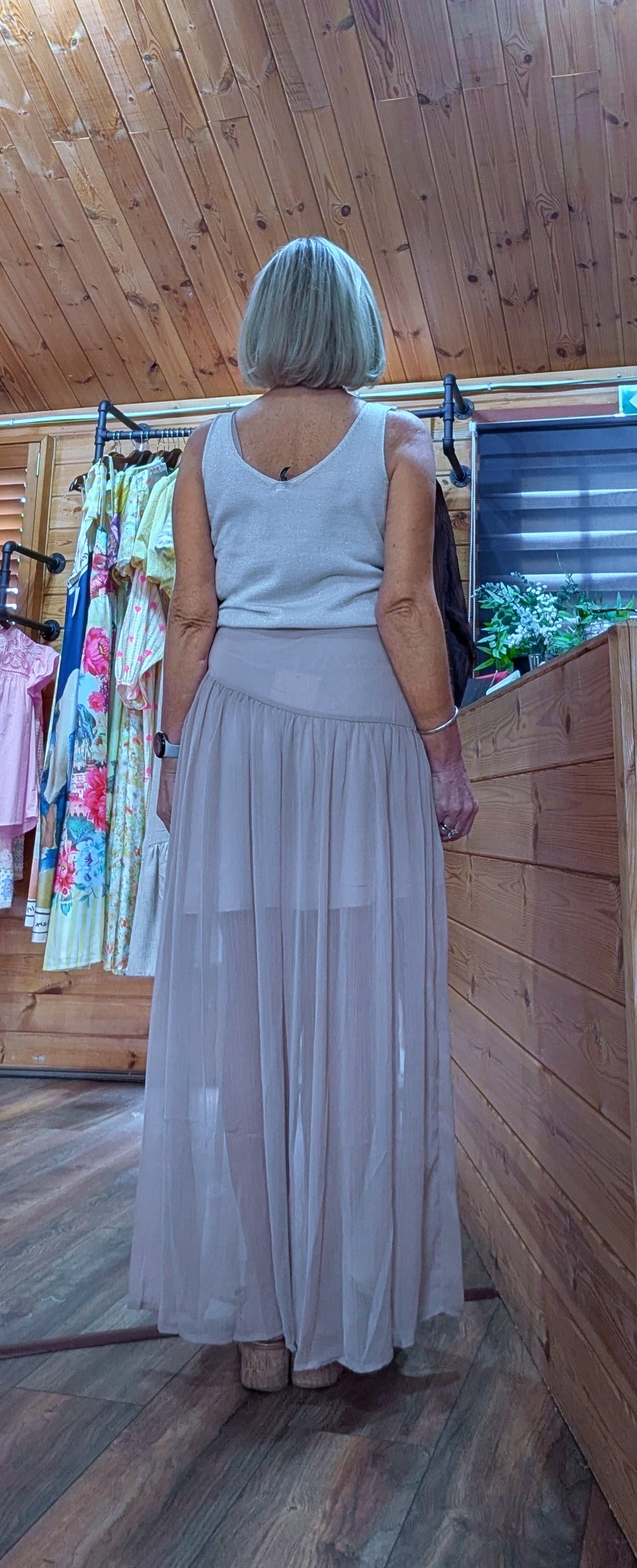 Rear view Tonia maxi skirt available in sizes UK 8 to 14