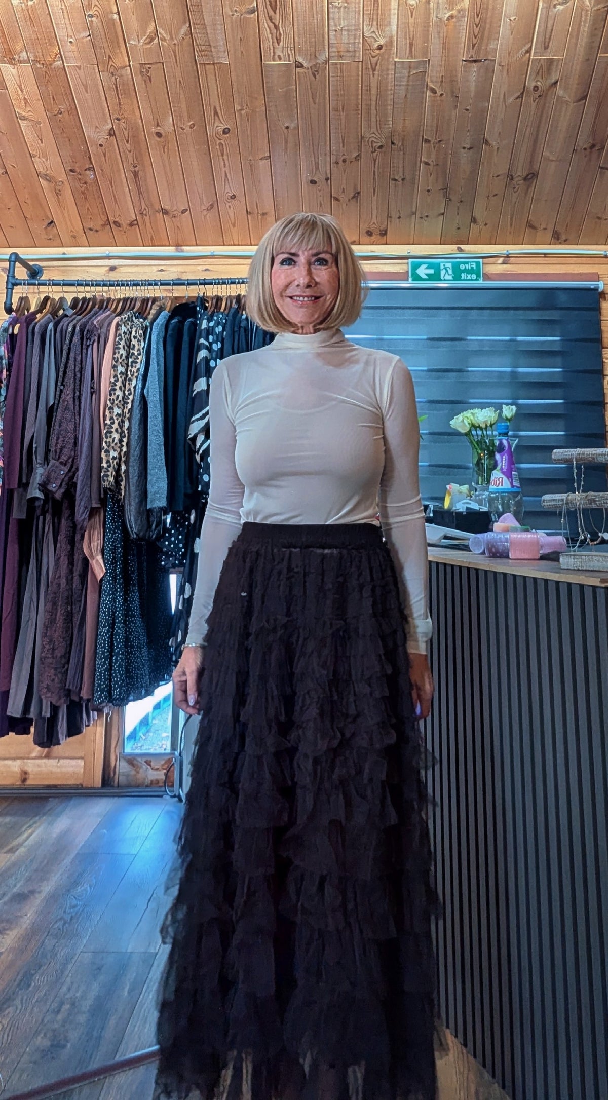 ditsydi wearing Tasha Tulle with Candence high neck sheer top with long sleeves