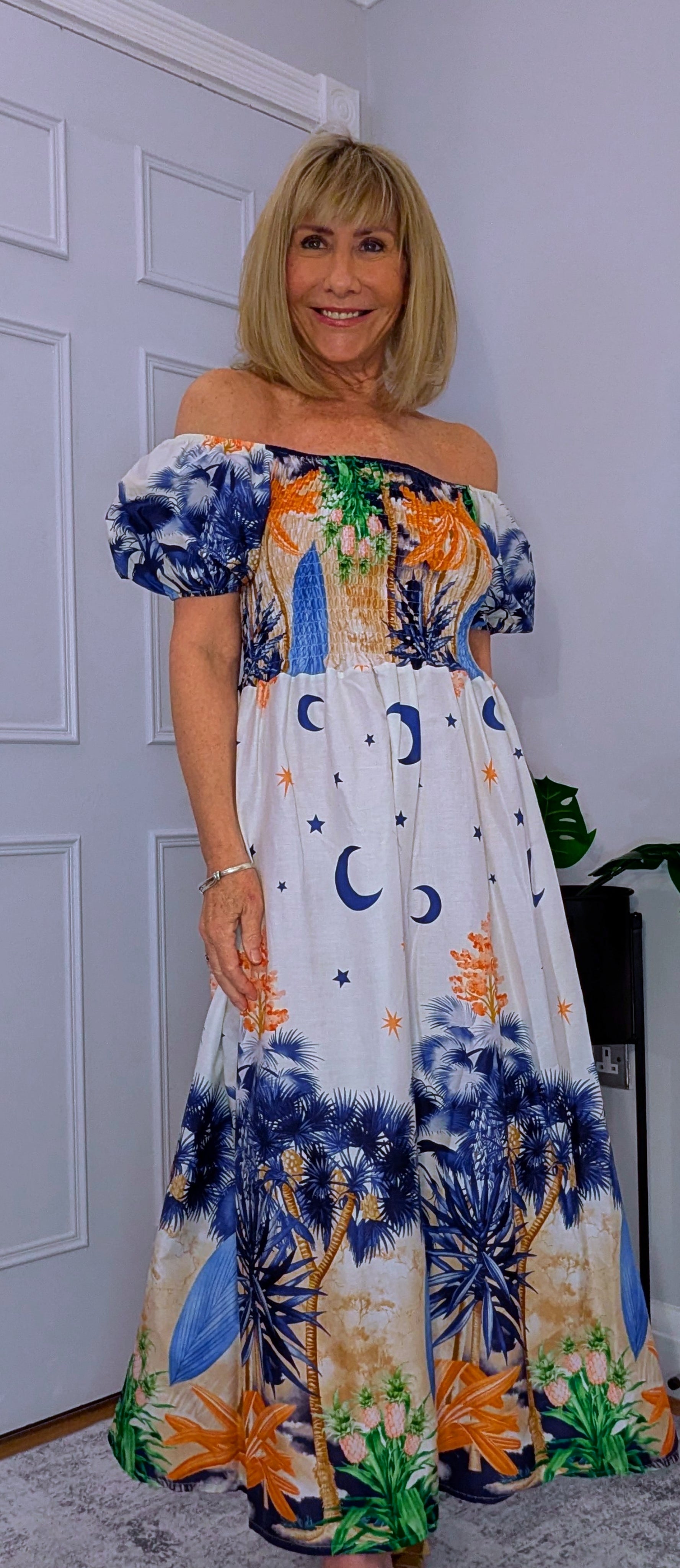 Blossom Bold Print Shirred Dresses On or Off Shoulder