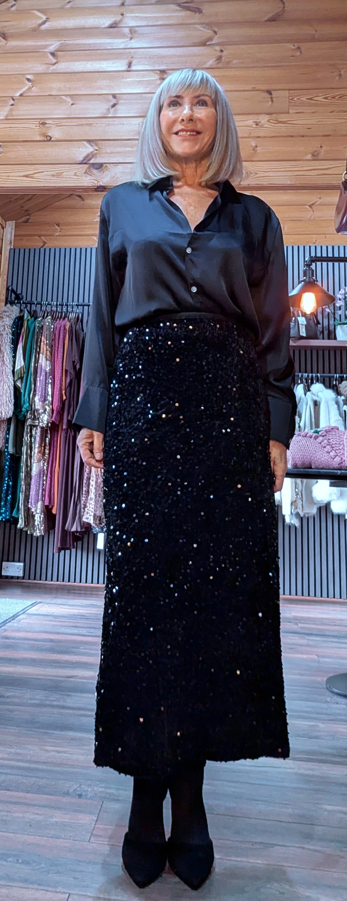 Astrid Sequin Bias Cut Skirt – Chocolate Brown/ Black with Silk Waistband