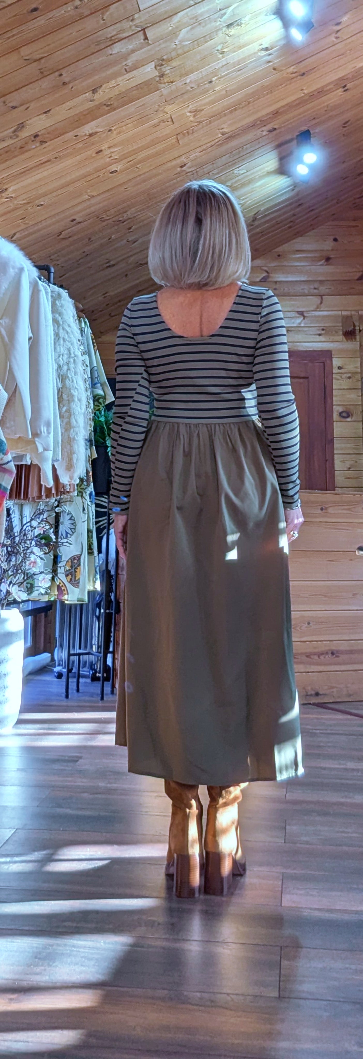 Long Sleeve Stripe Midi Dress - Green Stripe with low scoop neck