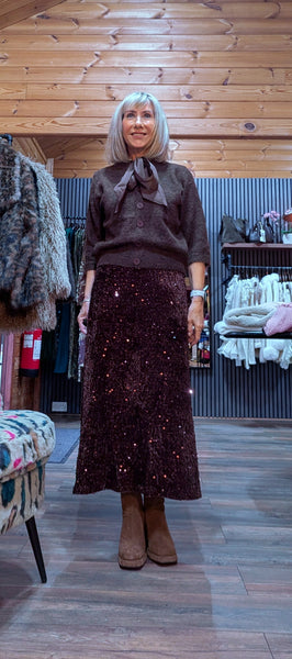 Astrid Sequin Bias Cut Skirt – Chocolate Brown/ Black with Silk Waistband