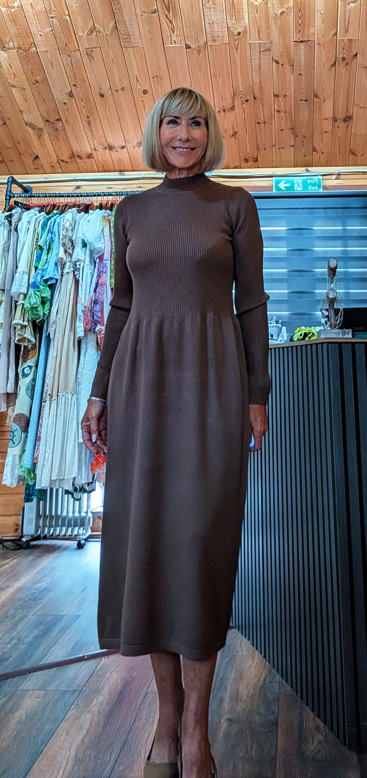 Close up Wilma viscose blend sweater style  midi dress in chocolate