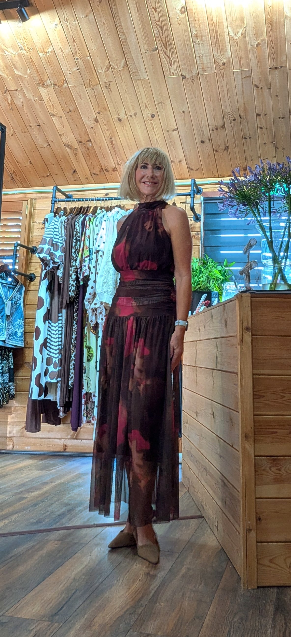 Side view of Natasha occasion dress with tie neck for Autumn