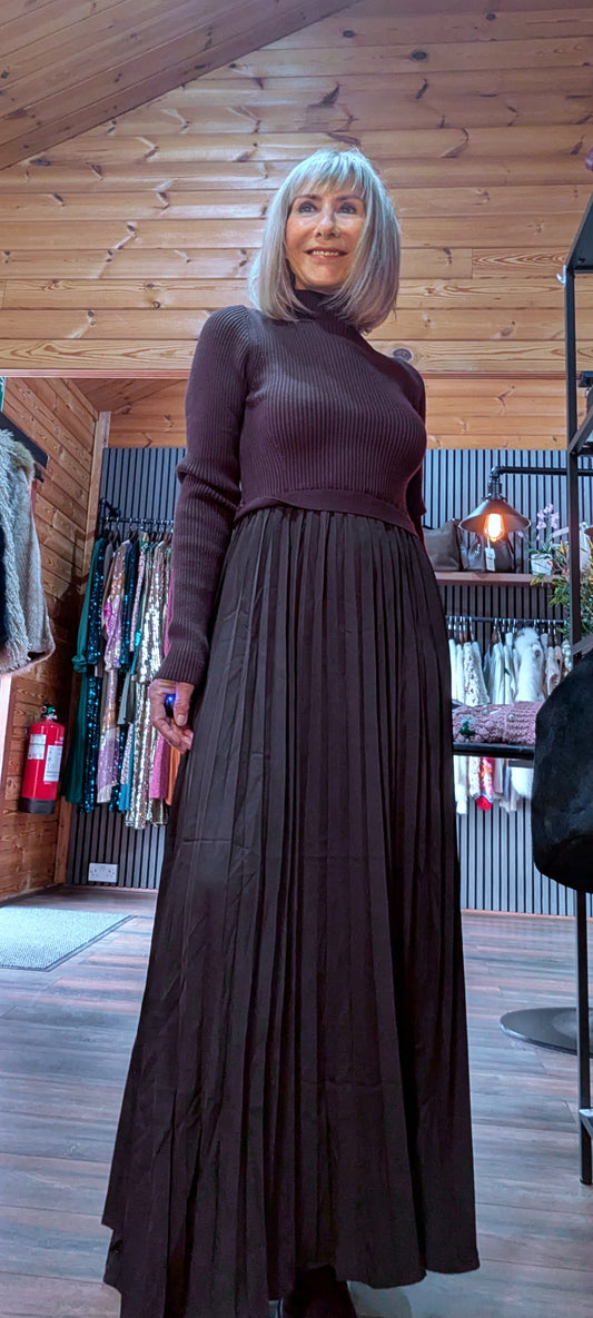 Haley Sweater Dress – High Neck with Pleated Maxi Skirt in Coffee o