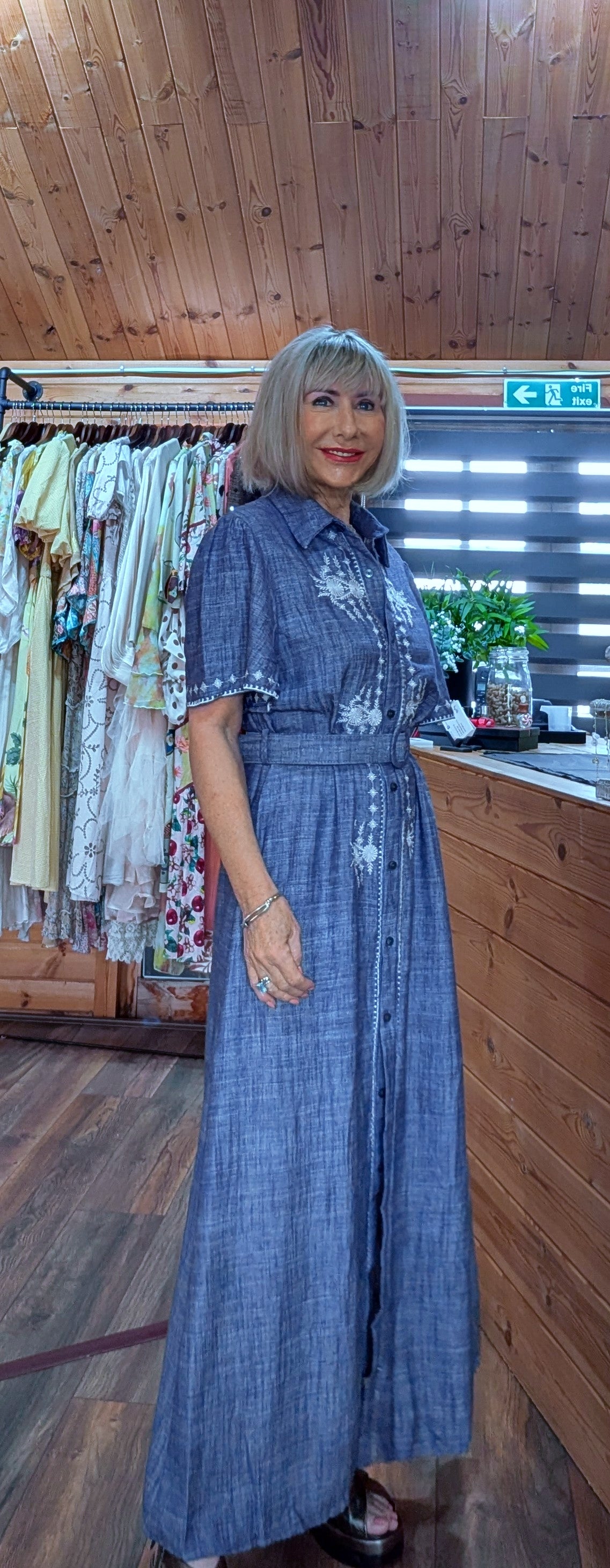 Summer casual shirt dress with belt and white embroidery 