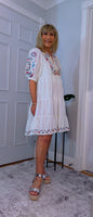Bo Smocked Linen Cotton Dress – White with Pink & Blue Embroidery