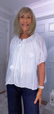 Clover White Silk Boho Blouse – Balloon Sleeves & Embroidered Floral Detail