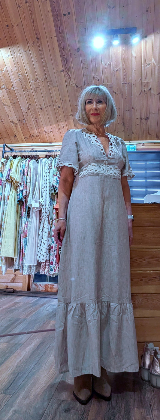 Azora beige embroidered linen blend midi dress