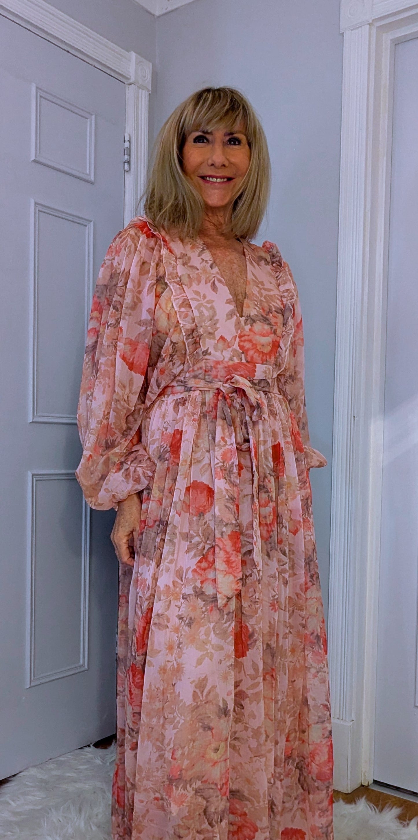 Tia Pink Floral Maxi Dress – Boho Chic with Balloon Sleeves