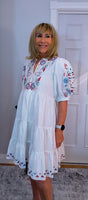 Bo Smocked Linen Cotton Dress – White with Pink & Blue Embroidery