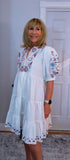 Bo Smocked Linen Cotton Dress – White with Pink & Blue Embroidery