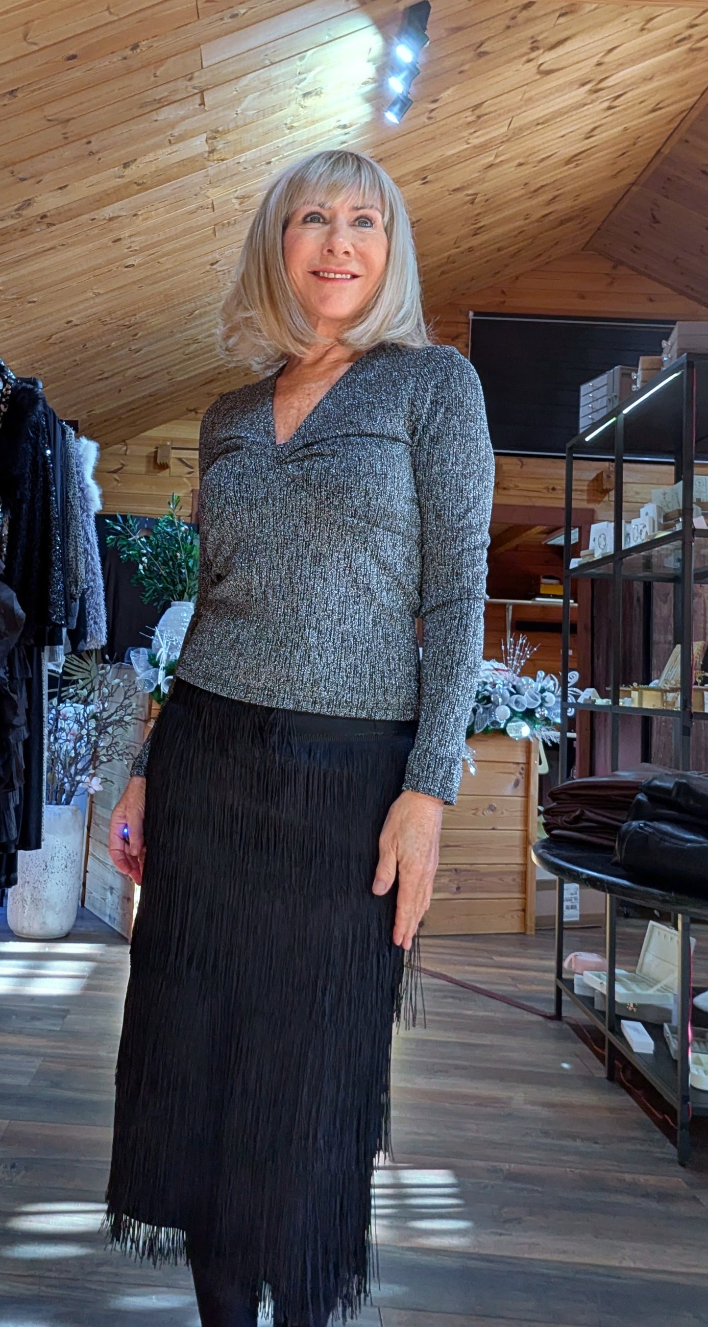 Bree Silver Lurex Look V-Neck Top – Ruched Bust  Long Sleeves