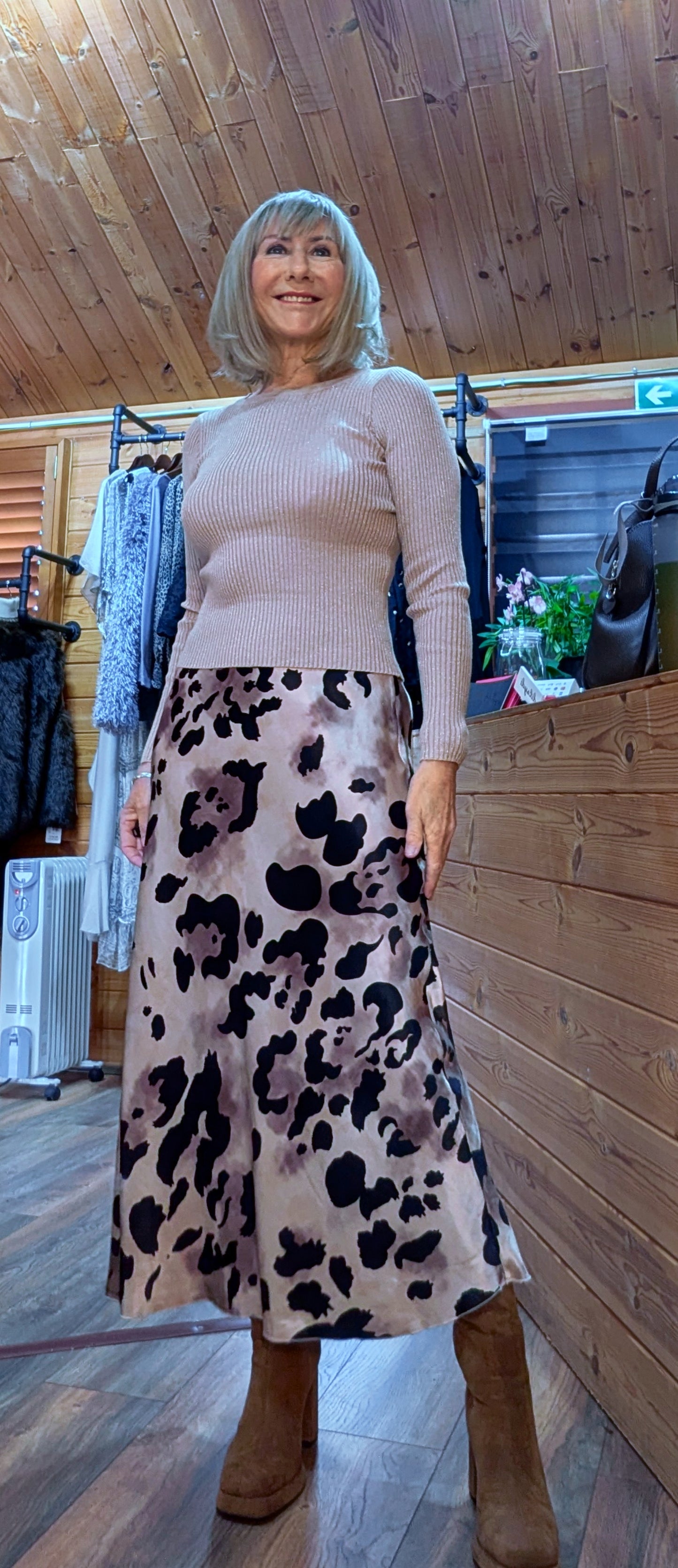 Rula Crew -Neck Fitted Sweater – Soft Knit with Gold Shimmer Amora Leopard Print Satin Slip Skirt – Bias Cut Midi