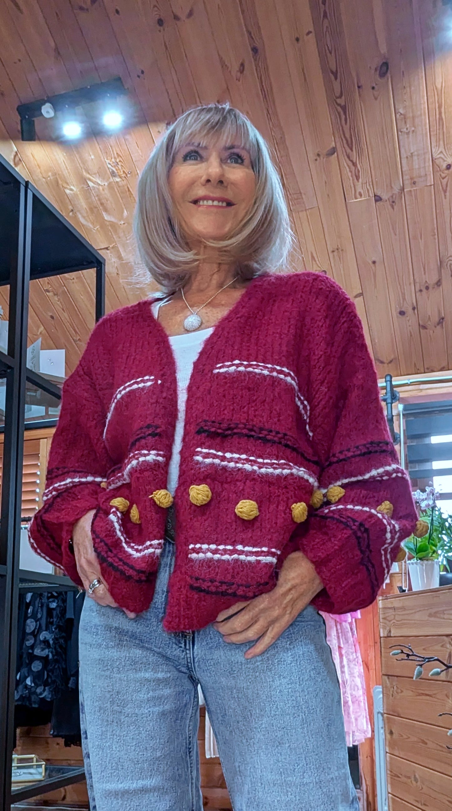 Pansy Chunky Cardigan – Deep Red with Balloon Sleeves- Mustard Bobbles