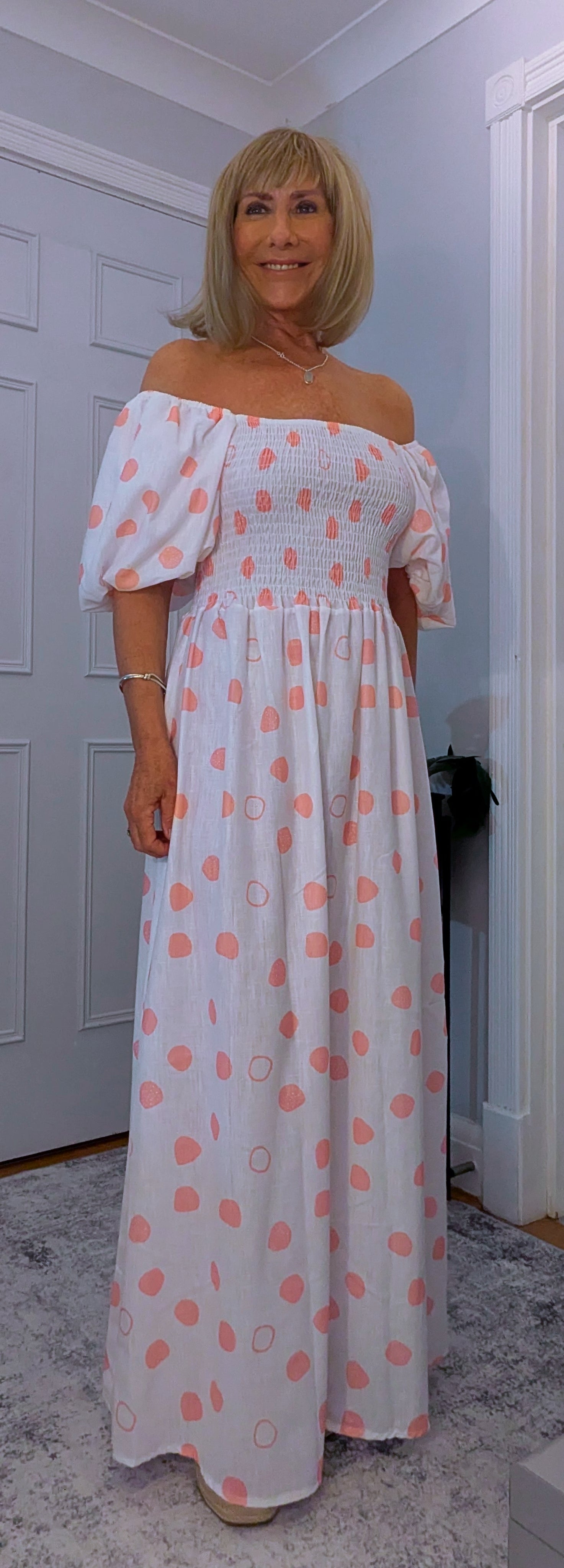 Candy On or Off - Shoulder Puff Sleeve Dress with  Shirred Bust