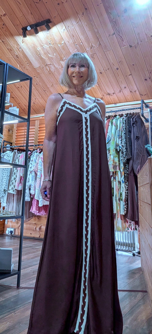 Anastasia brown rayon maxi dress with cream trim
