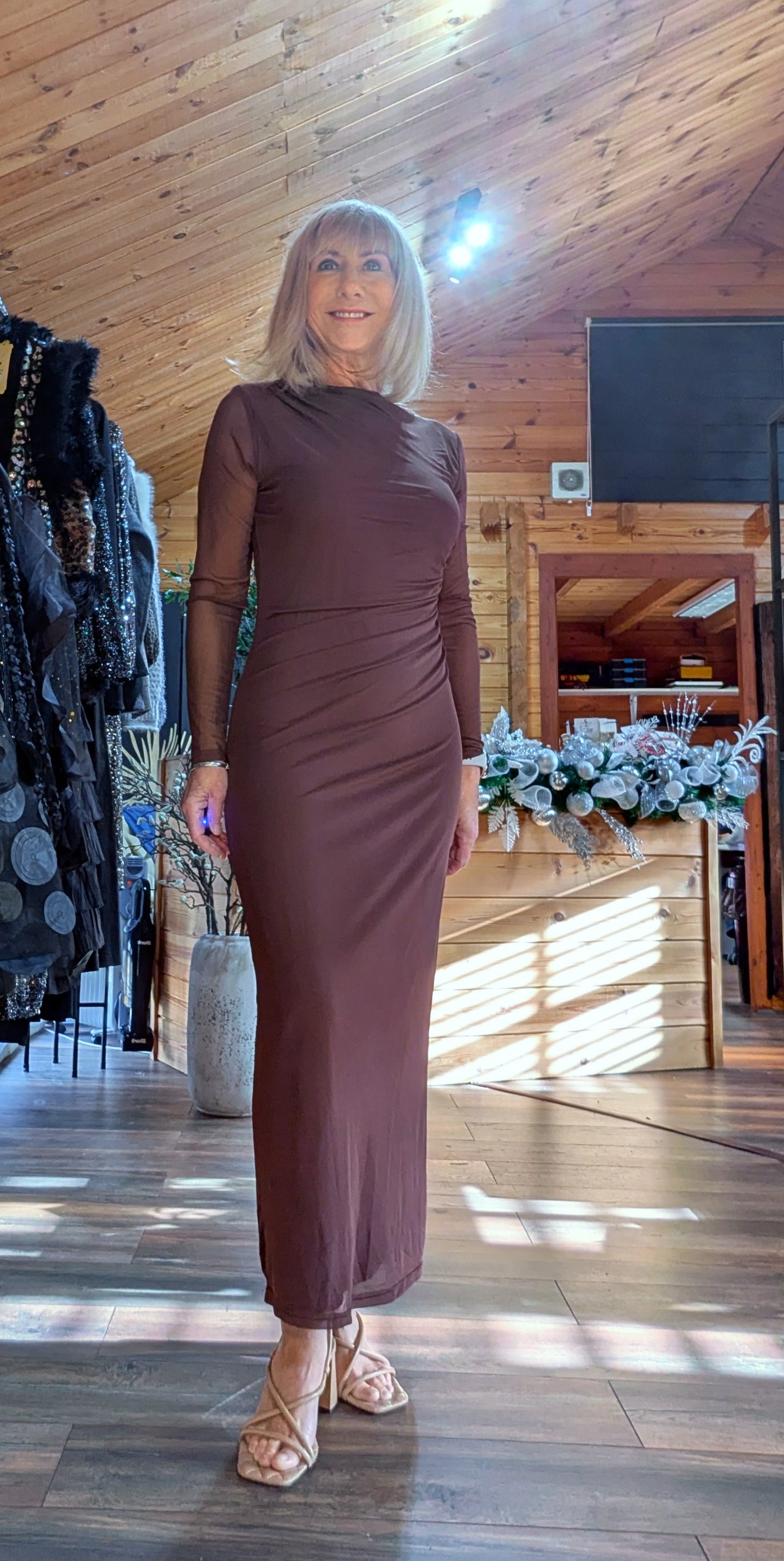 Monica Long Sleeves Mesh Midi Dress In Chocolate