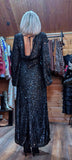 Juno Black Sequin Dress – Scoop Back with Pagoda Sleeves