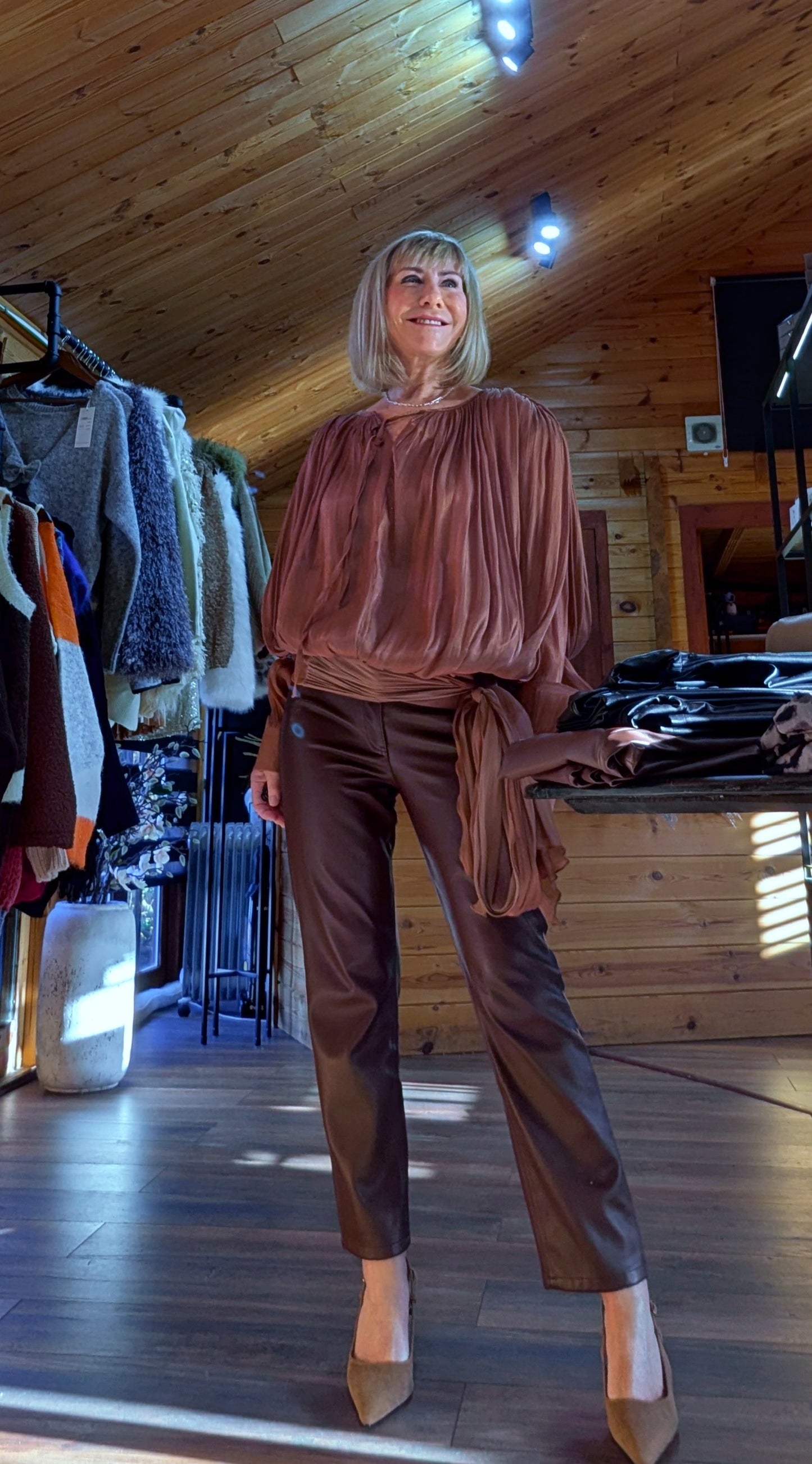 Venus Golden Caramel Blouse – Tie Neck -Sash Waist Detail