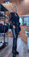 Vivienne Black Lace Blouse – Satin Ruffle Detail & Flared Sleeves