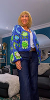 Fia Chunky Crochet Cardigan-– Blue & Green with 3D Flowers