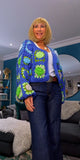 Fia Chunky Crochet Cardigan-– Blue & Green with 3D Flowers
