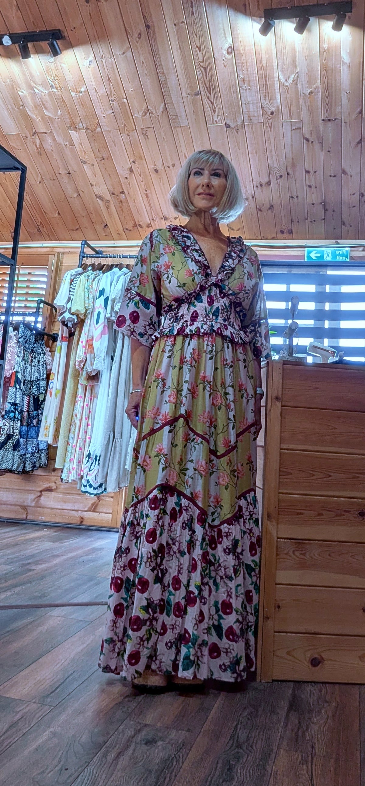 V neckline with frill detail Felicity Bohemian Maxi  Dress with shirred waist cottage core style 