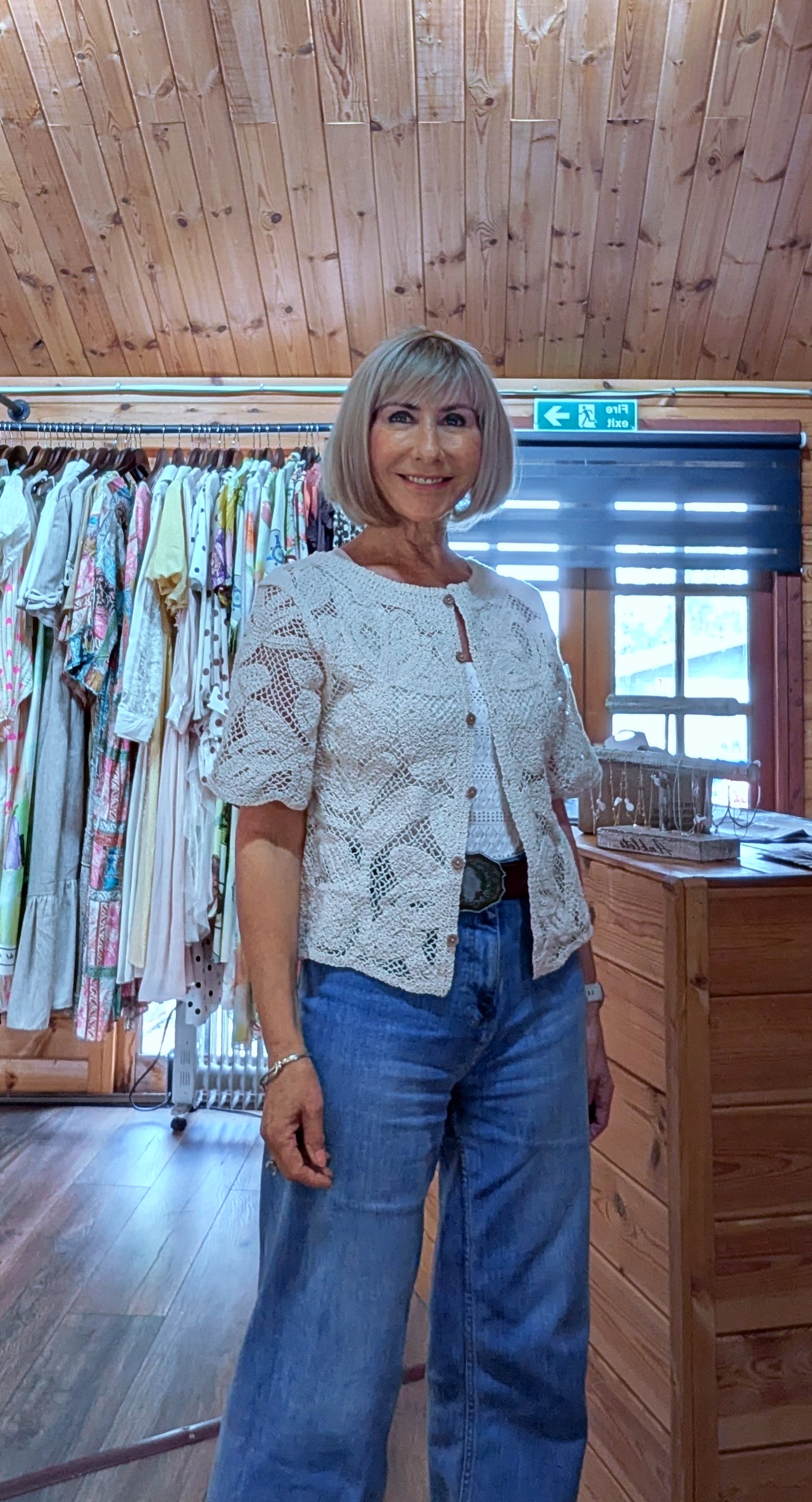 Stylish crochet cotton cardigan  styled with jeans UK fashion