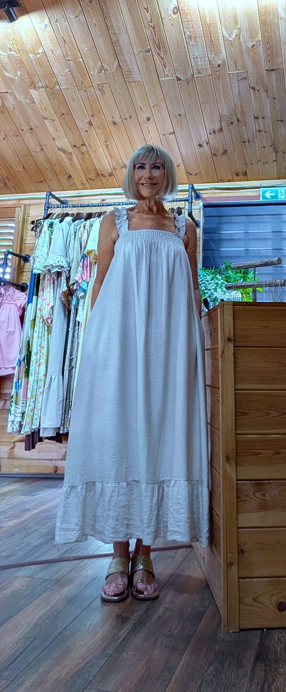 Nadia Frill Strap Cotton Maxi Dress worn with thong sandals by ditsydi