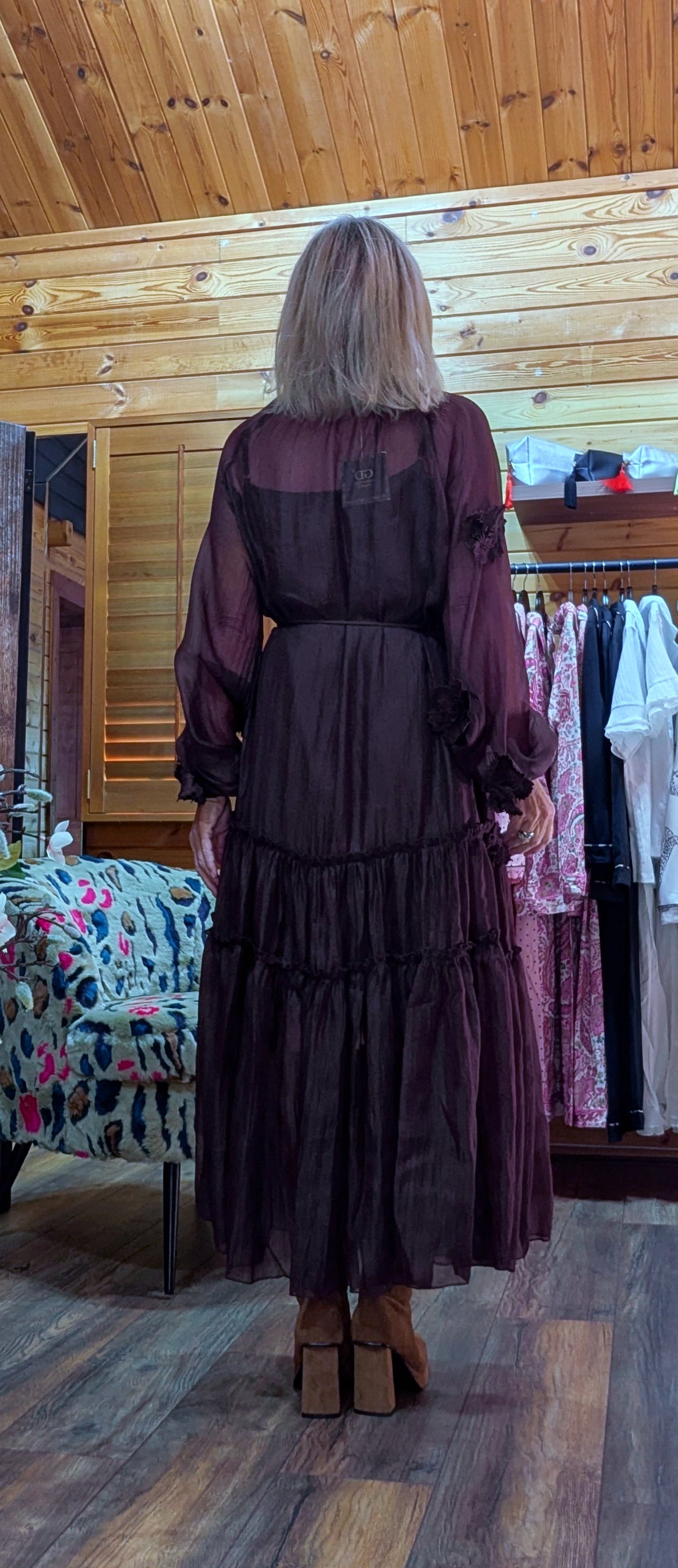 Gloria Coffee Tiered Dress – 3D Flowers -Tie Belt