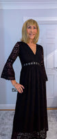 Pearl Lace Dress – Black Boho Style with Pagoda Sleeves & V-Neckline