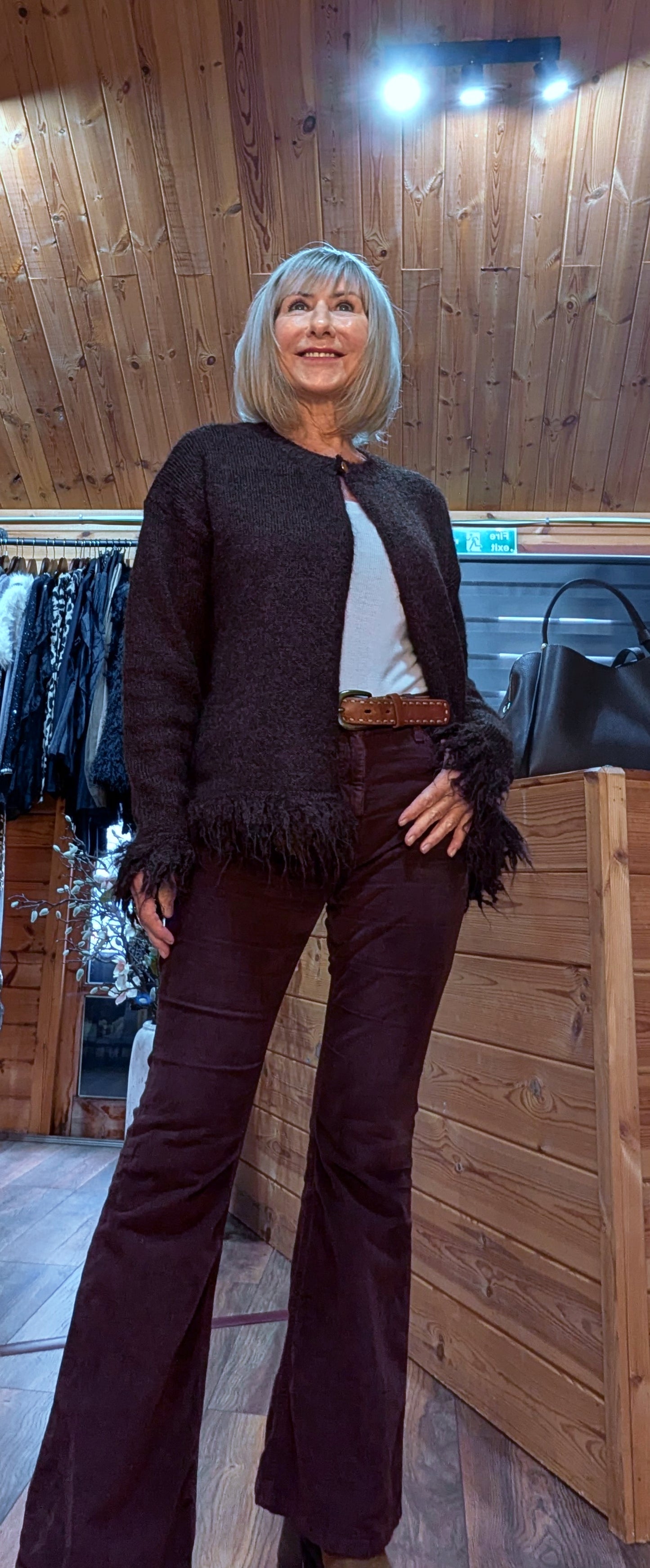 Wool blend  Chocolate Fringe Cardigan – Gold Neck Button