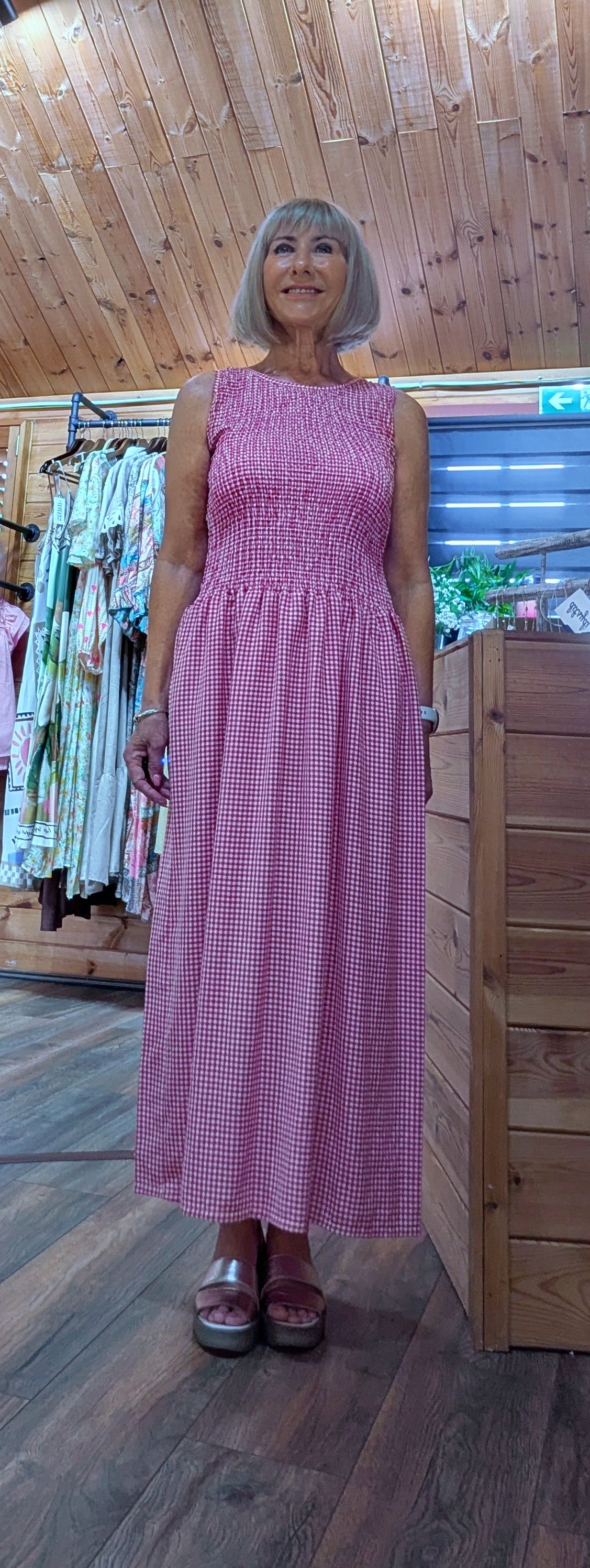 Izzy Red Gingham Shirred Dress sleeveless midi dress