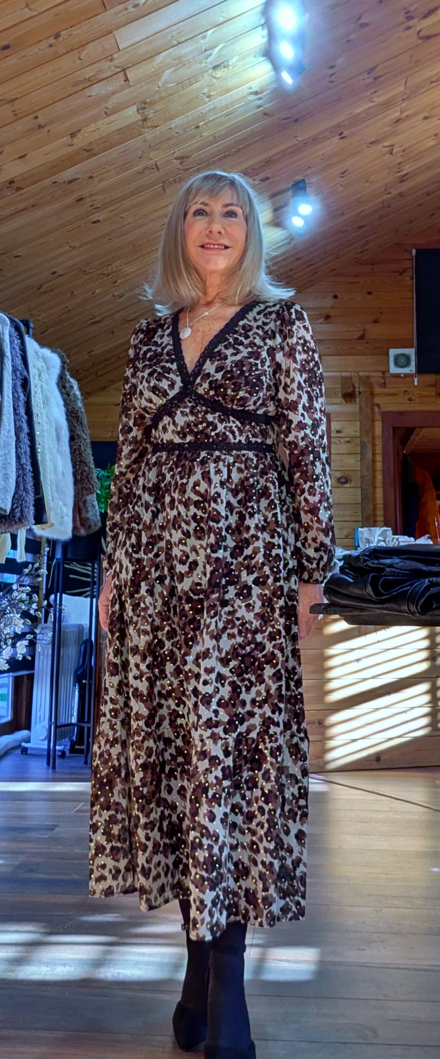 Caterina Leopard Print Dress – Lace Trim -Gold Accents