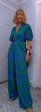 Justina Tropical Green - Fuchsia -Angel Sleeve Maxi Jumpsuit with Twist Detail