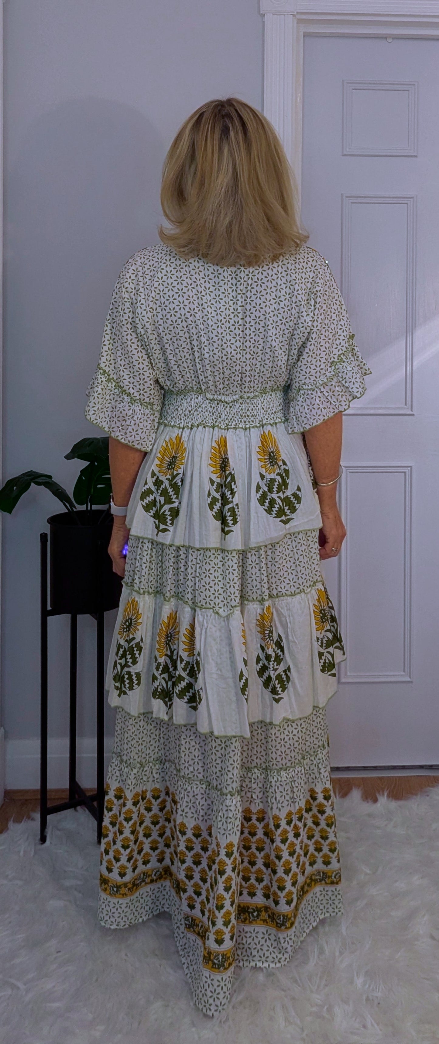 Santorini Bohemian Layered  Dress in White with Green and Gold Tassels
