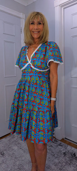 Codie Cotton Knee-Length Dress – Turquoise & Terracotta Boho Print