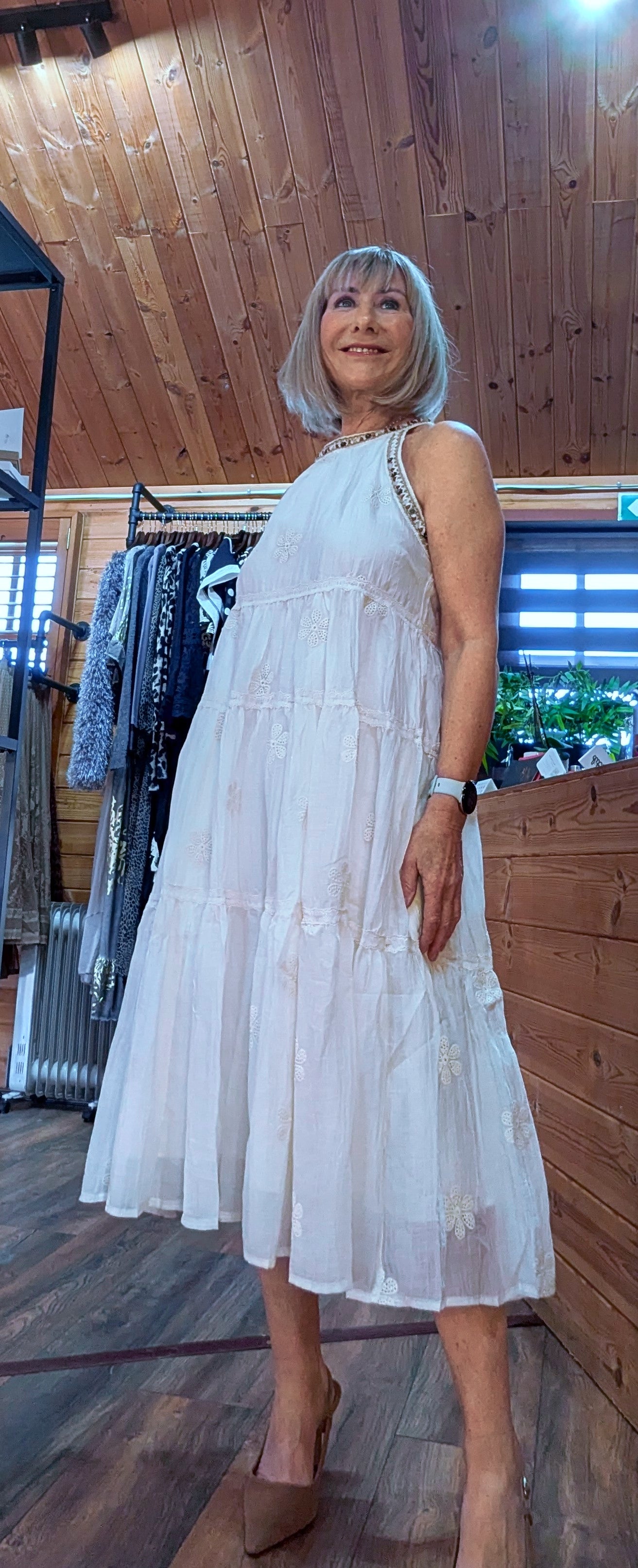 Kiki Ivory Midi Silk and Cotton Sleeveless  Dress