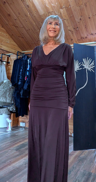 Aspen Ruched Dress – Autumnal Rust with Drop Waist & Slash Neck
