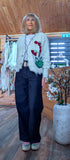 Misty Ivory Cardigan – Grey Piping & Embroidered Floral Detail