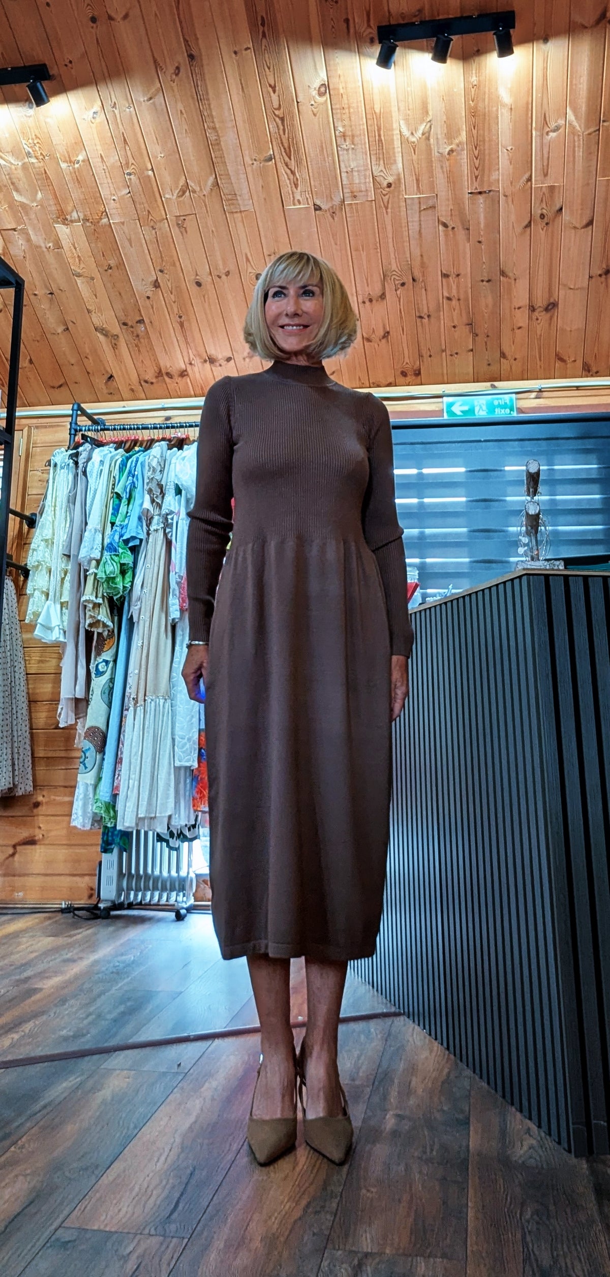 Wilma chocolate knitted midi dress with long sleeves