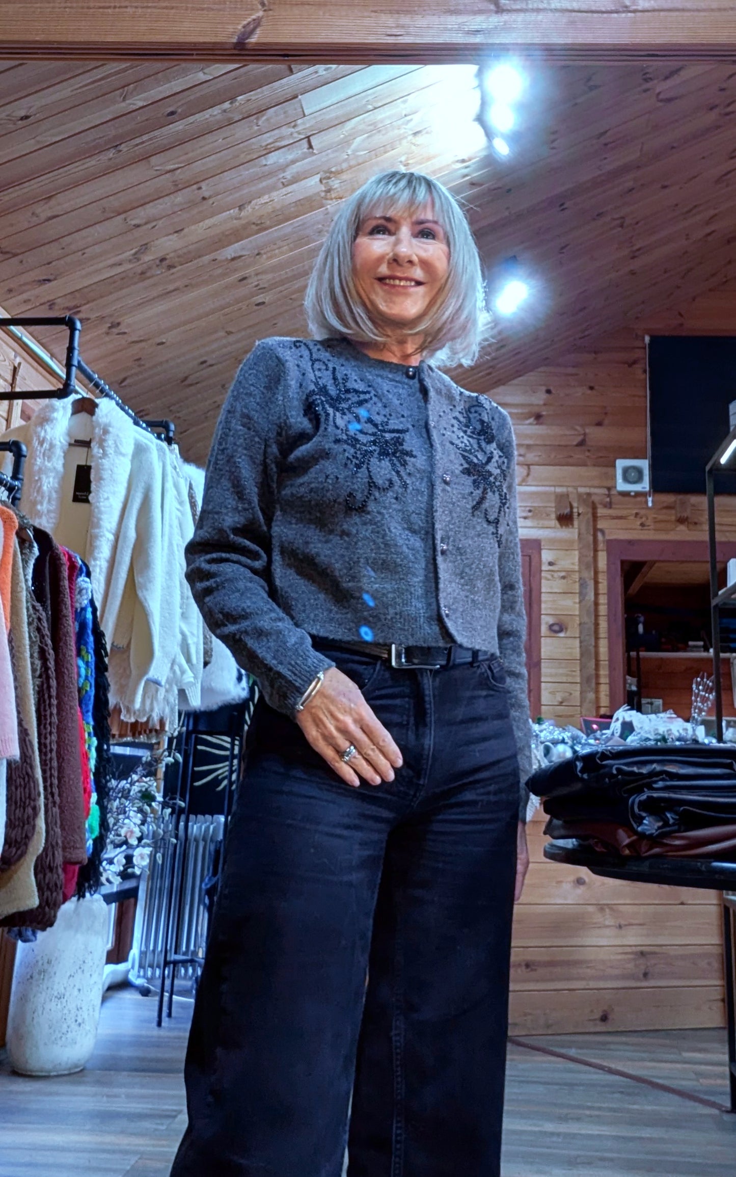Sophie Charcoal Grey Cardigan – Black Beaded Floral Detail