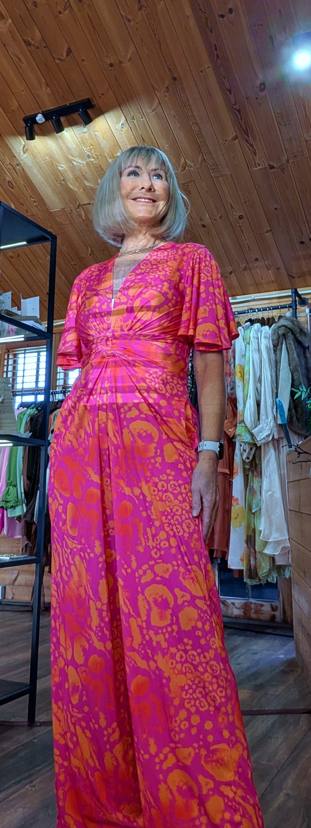 Justina Tropical Green - Fuchsia -Angel Sleeve Maxi Jumpsuit with Twist Detail