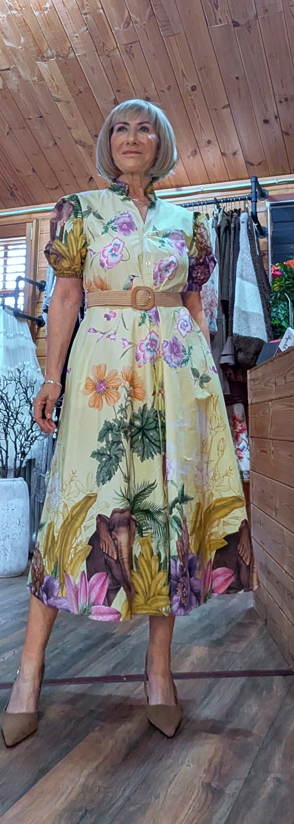 Aoife Midi Dress – Lemon Shirt Dress with Elephant And  Bold Floral Print