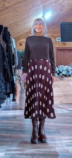 Erica Chocolate Polka Dot Sweater Dress – Pleated Skirt