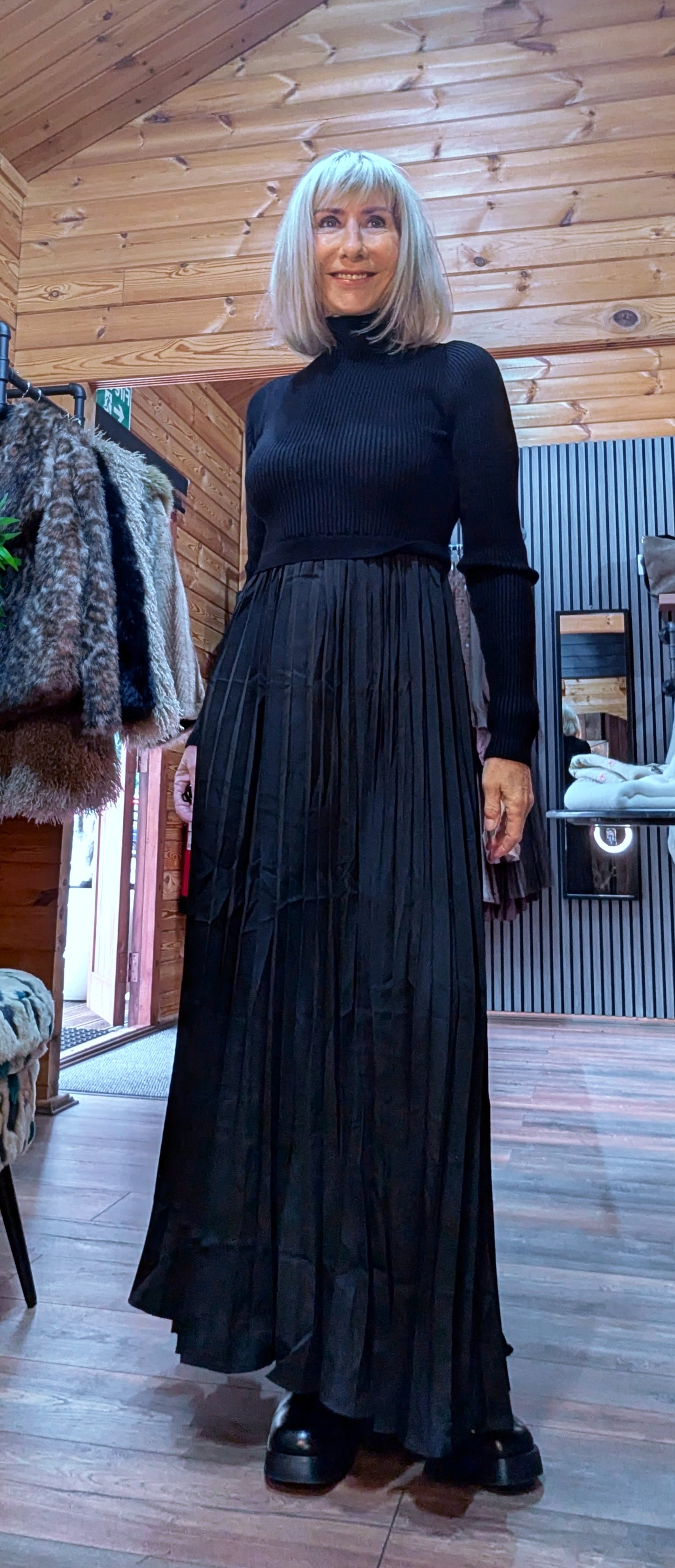 Haley Sweater Dress – High Neck with Pleated Maxi Skirt in  Black