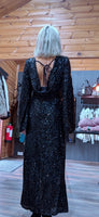 Juno Black Sequin Dress – Scoop Back with Pagoda Sleeves