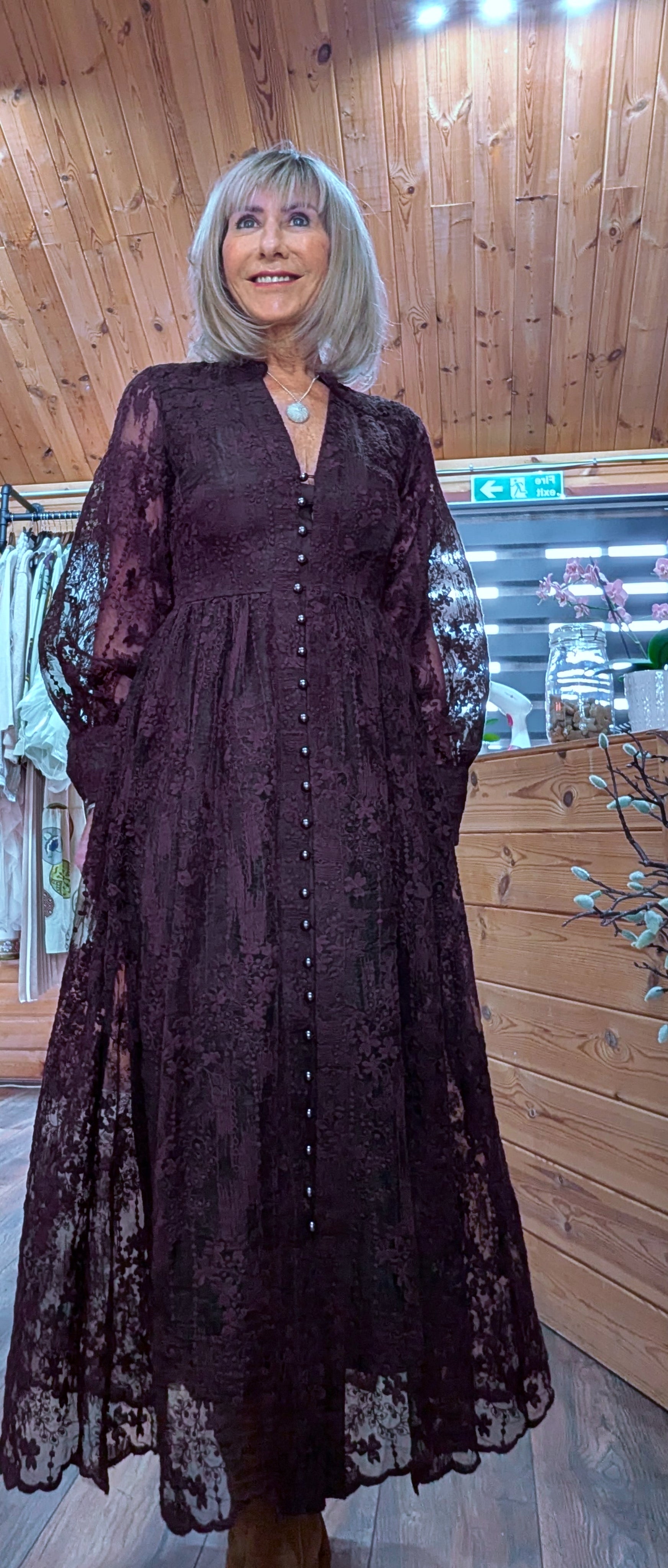 Marsha Coffee Lace Smock Dress – Pearl Button Front - Grandad Collar